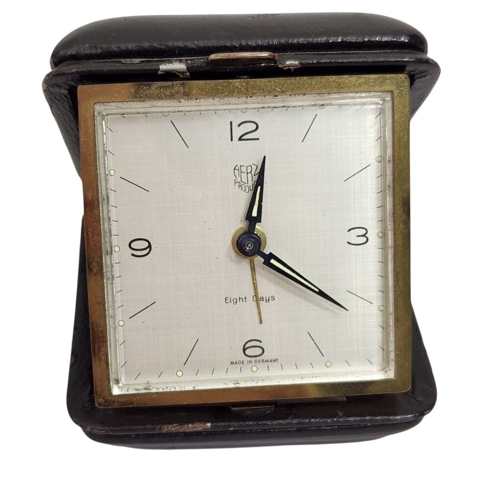 VTG ELGIN TRAVEL FOLDING ALARM CLOCK MID CENTURY WIND UP JAPAN WORKS LEATHER